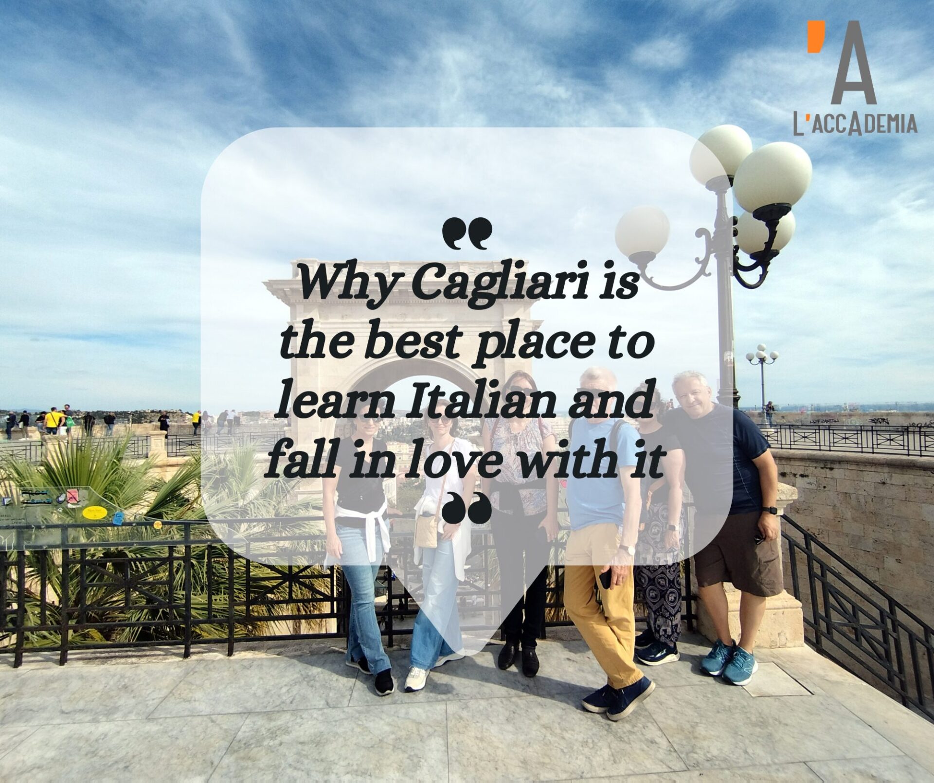 View of Cagliari's historic Castello district and the Mediterranean sea, Sardinia, Italy — ideal setting for an Italian language school
