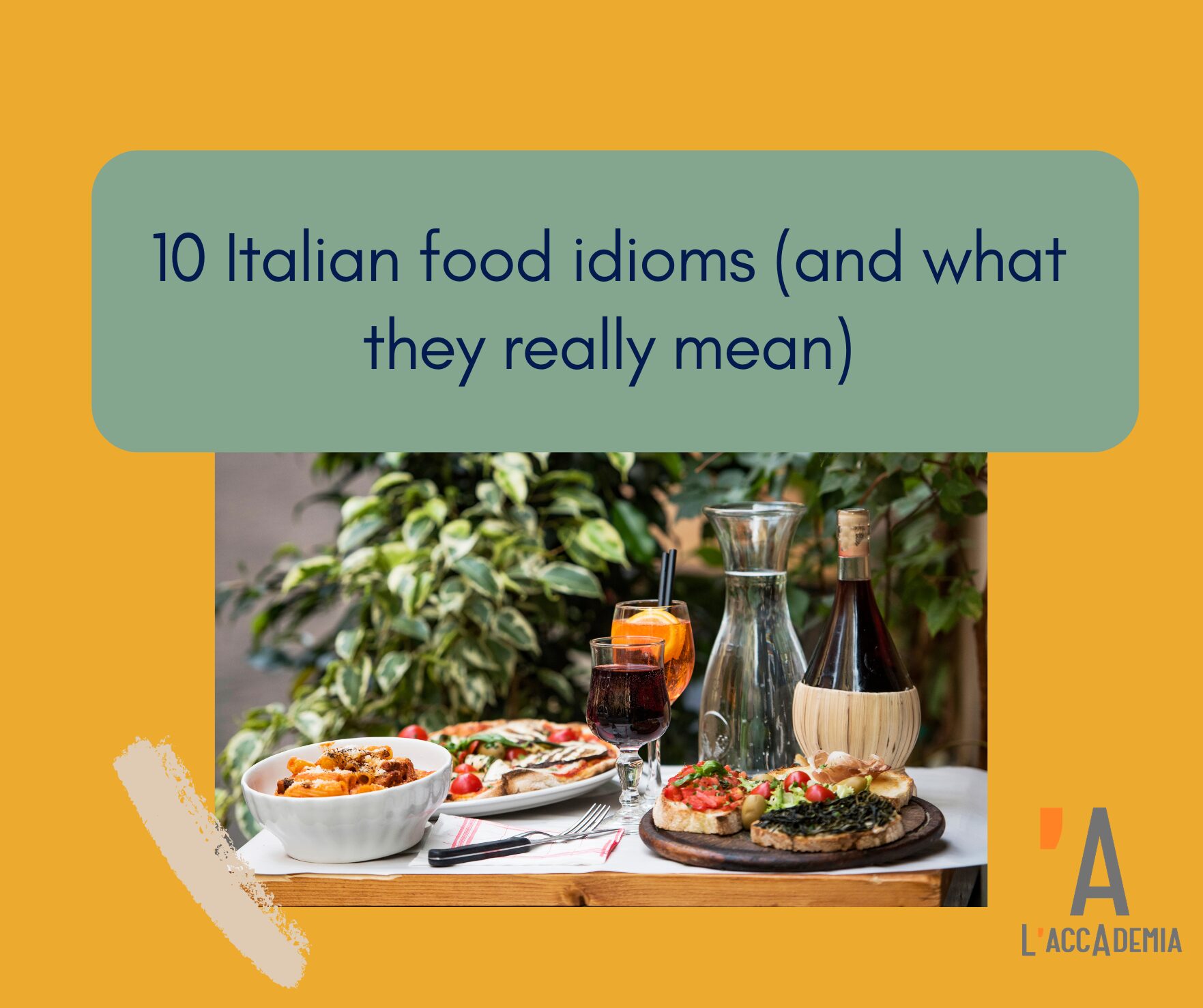 Table set with Italian bread, pasta and vegetables representing Italian food idioms