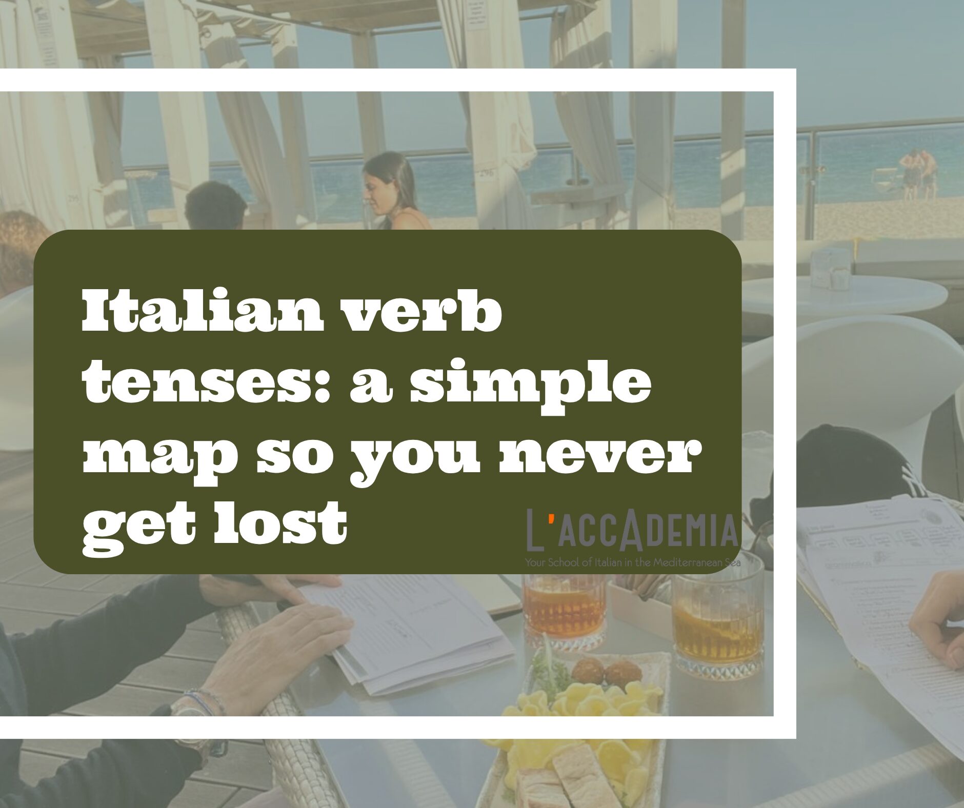 Student with an Italian grammar notebook and a coffee at a café table in Cagliari